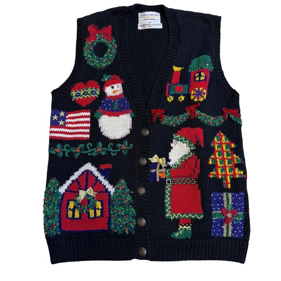 Marisa Christina Vintage Holiday Sweater Vest Christmas Santa Snowman Train S - Picture 1 of 10
